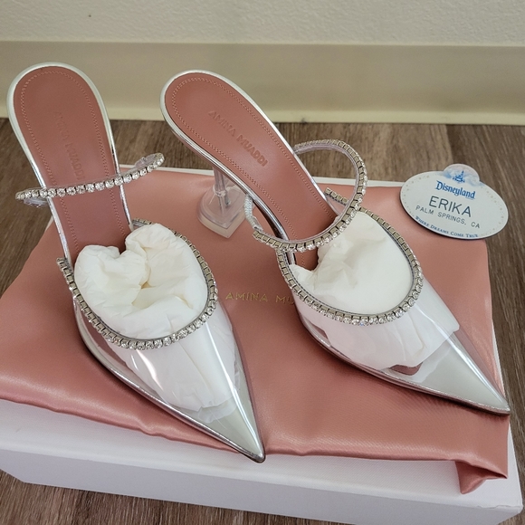SOLD Amina Muaddi Gilda Glass Crystal Mule Heels size IT 39 (US 8) *VERY RARE* - Picture 4 of 8